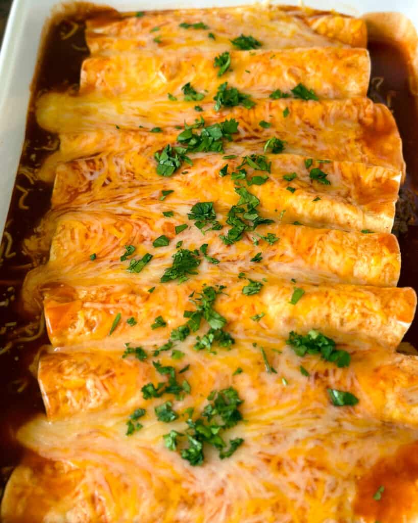 Close up photos of beef enchiladas