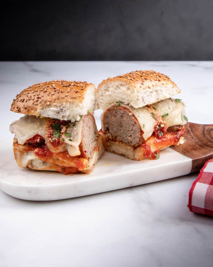 A meatball sub cut in half 