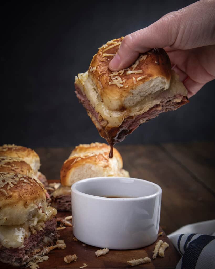 French dip sliders dipped in Au Jus.