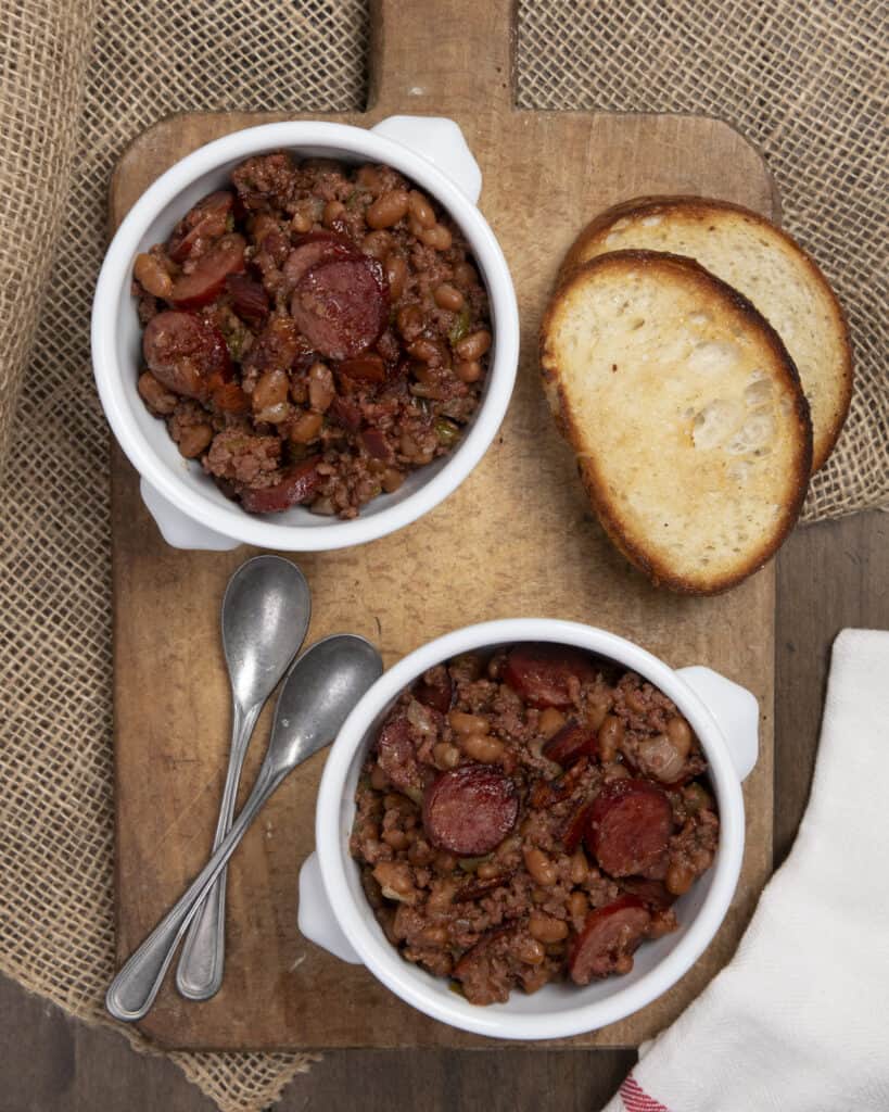 loaded baked beans in a bowl