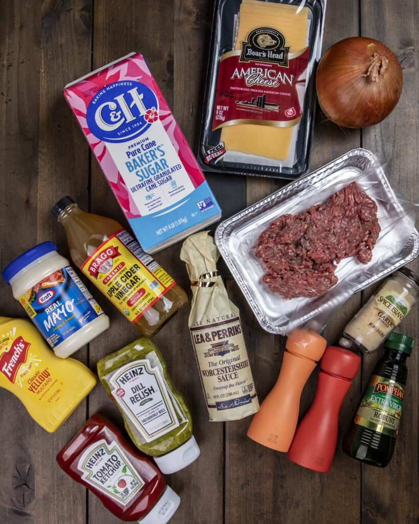 Ingredients for onion wrapped Flying Dutchman burger