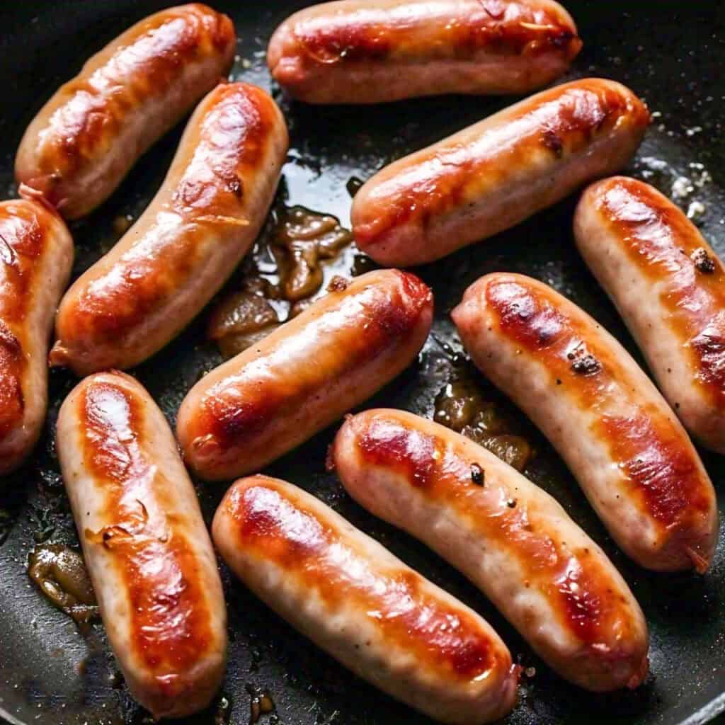 Sausage links cooking in a pan