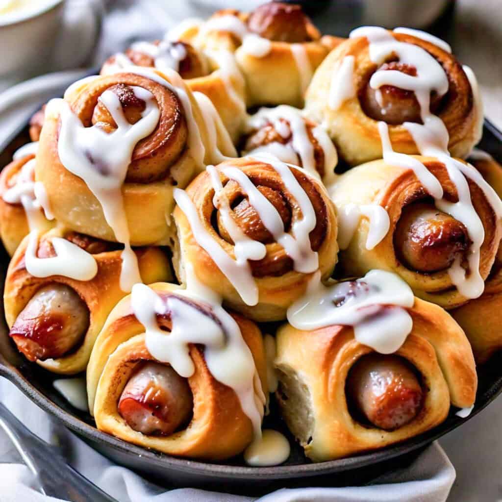 Breakfast pigs in a blanket. Featuring sausage links wrapped in cinnamon roll dough and topped with icing.